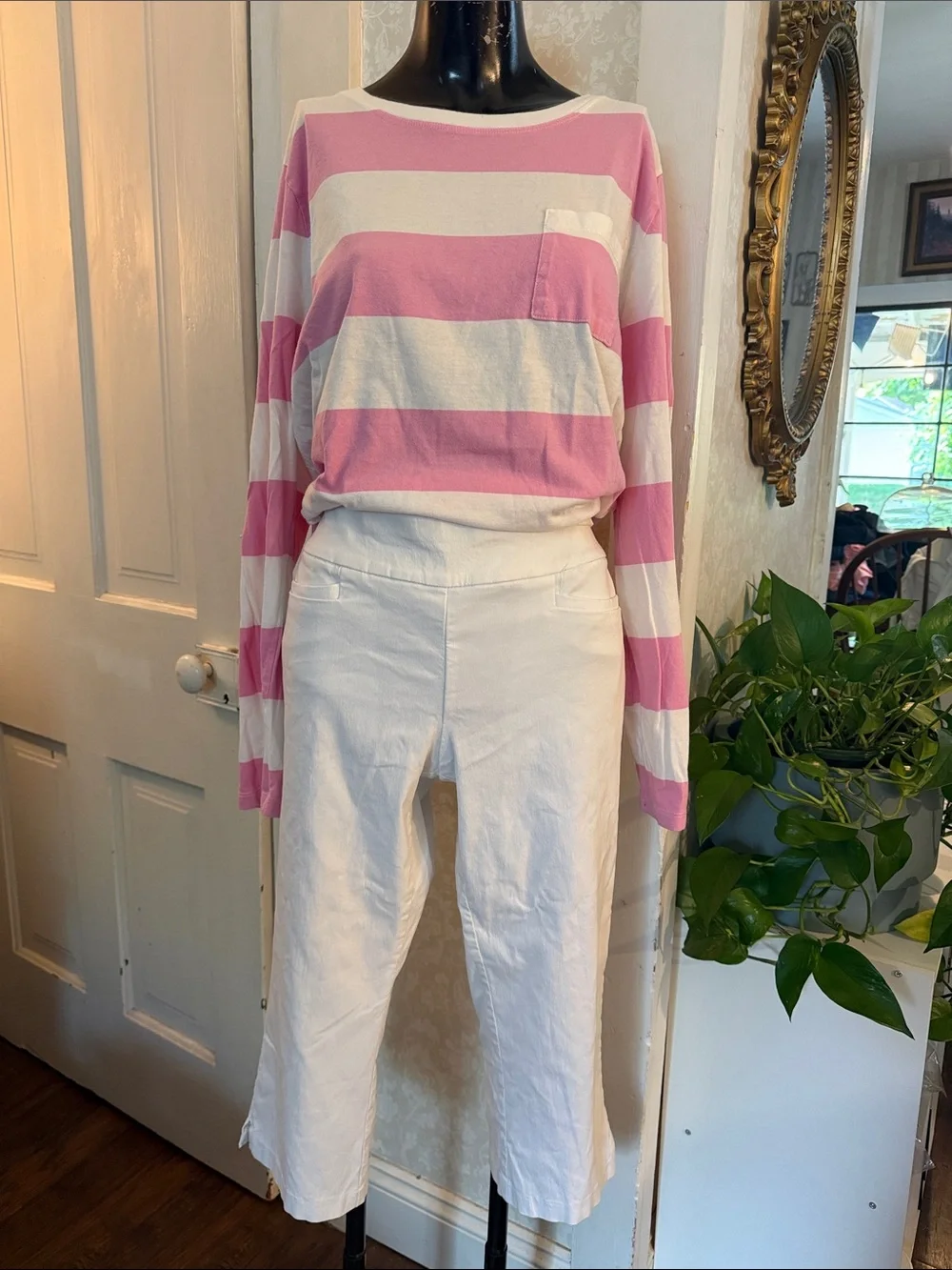 J Crew Cotton Pink & White Striped Essential Long Sleeve Tee T-Shirt Sz X-Large